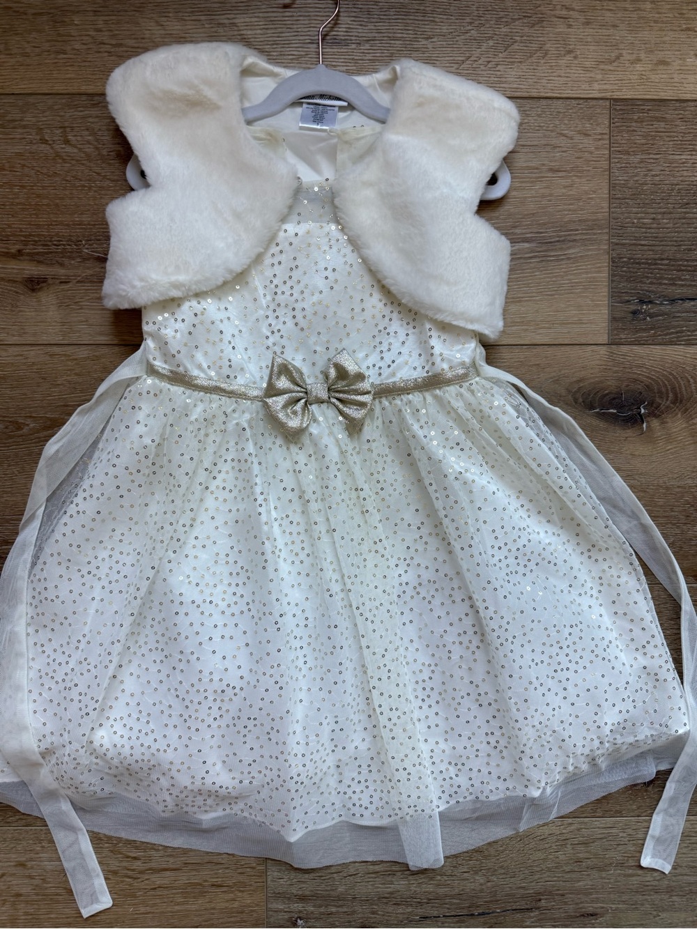 Jona Michelle Cream and Gold Sparkle Tulle Formal Dress with Faux Fur Bolero